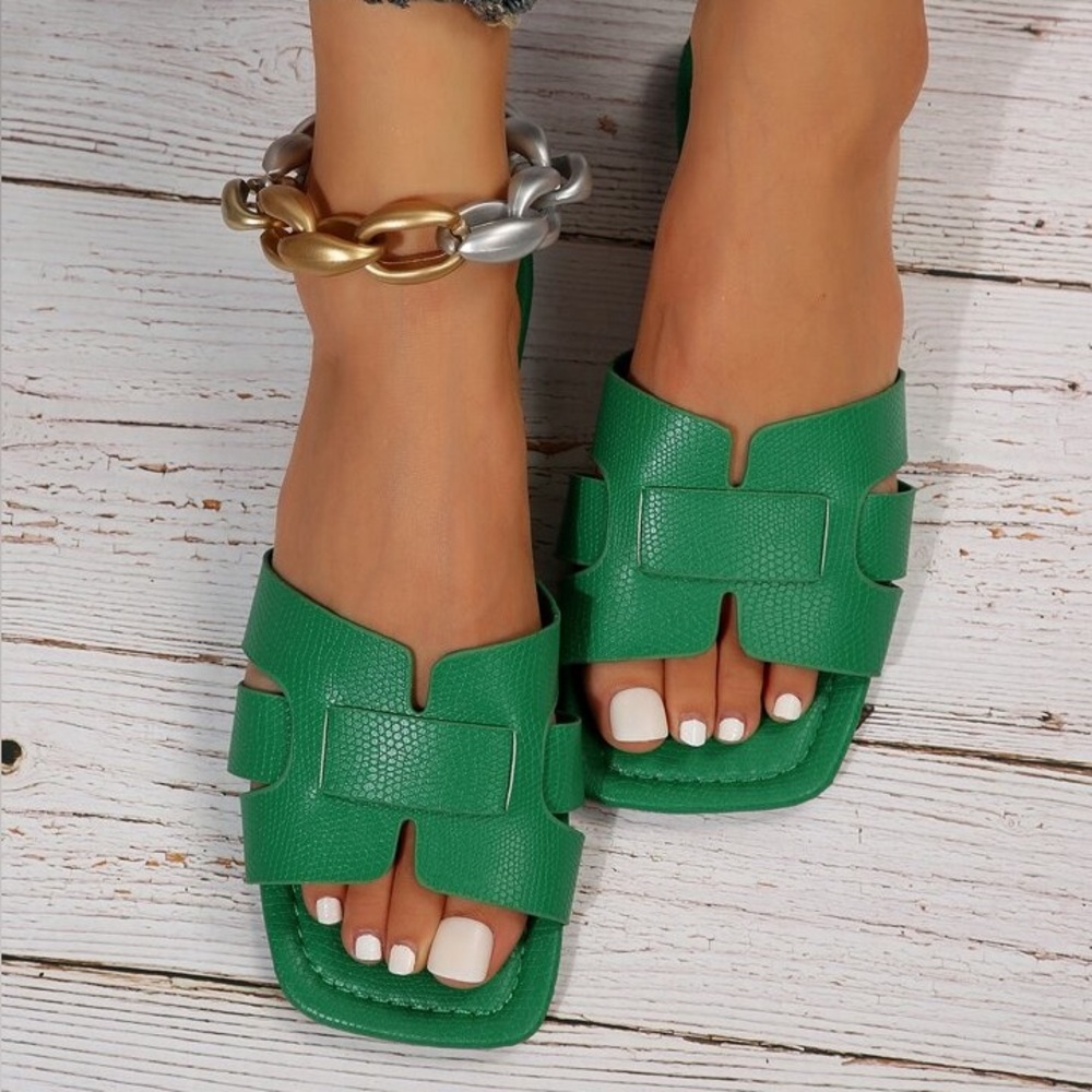 Green Flat Slip On Sandals